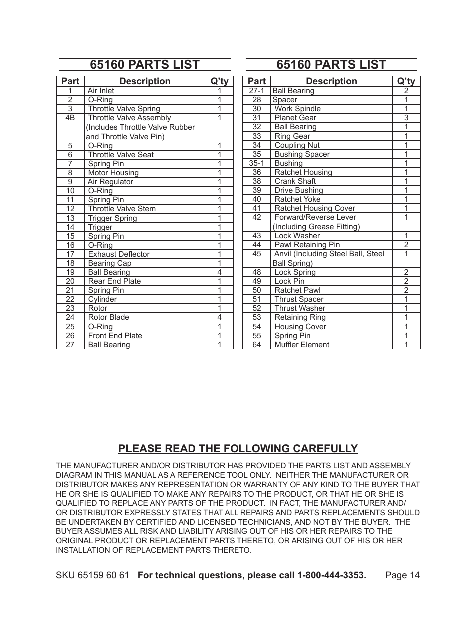 Please read the following carefully | Harbor Freight Tools 65161 User Manual | Page 14 / 18