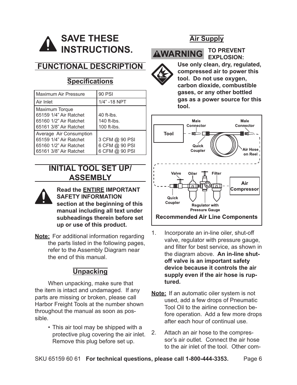 Save these instructions, Functional description, Initial tool set up/ assembly | Harbor Freight Tools 65161 User Manual | Page 6 / 18