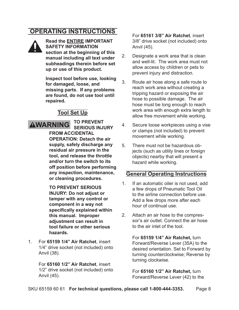 Operating instructions | Harbor Freight Tools 65161 User Manual | Page 8 / 18