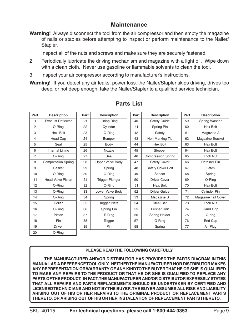 Maintenance, Parts list | Harbor Freight Tools 40115 User Manual | Page 9 / 10