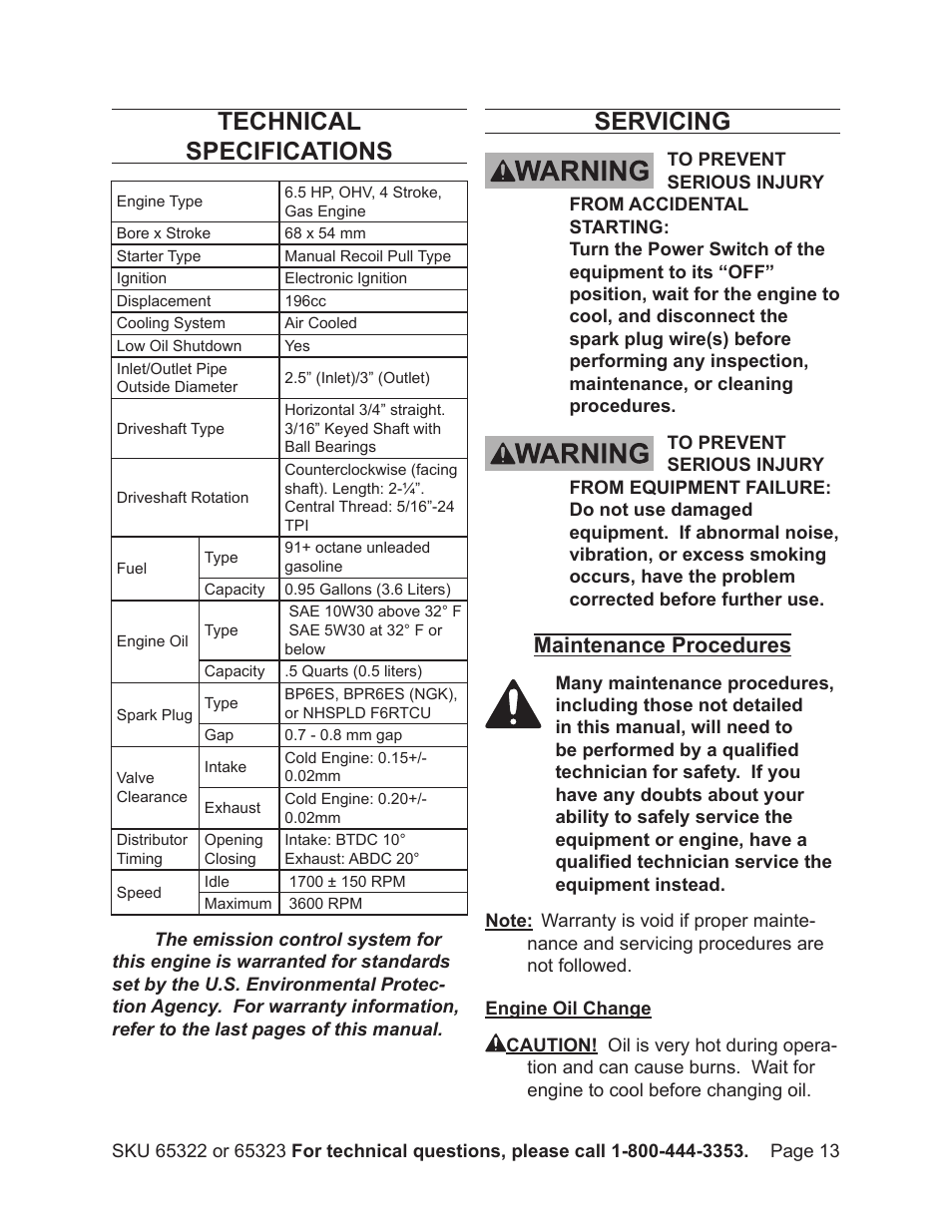 Technical specifications, Servicing, Maintenance procedures | Harbor Freight Tools Pacific Hydrostar 2" or 3" dirty water pump 65322 User Manual | Page 13 / 36