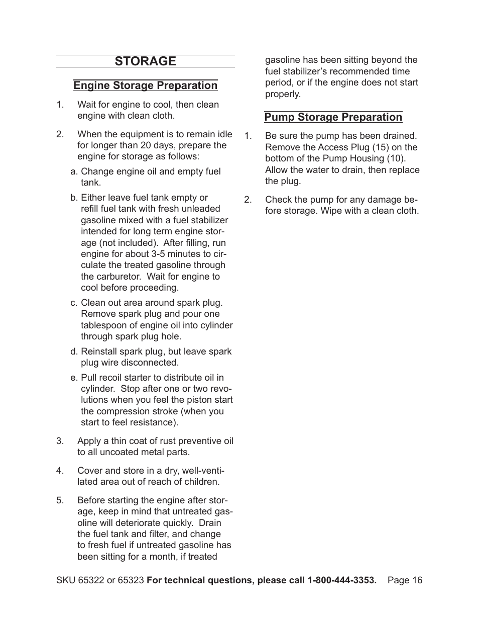 Storage | Harbor Freight Tools Pacific Hydrostar 2" or 3" dirty water pump 65322 User Manual | Page 16 / 36