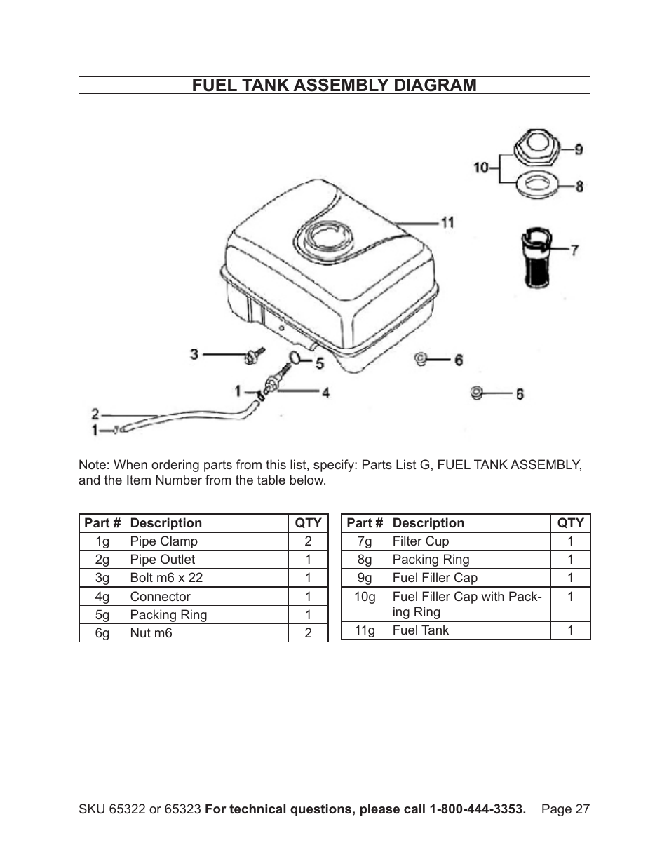 Fuel tank assembly diagram | Harbor Freight Tools Pacific Hydrostar 2" or 3" dirty water pump 65322 User Manual | Page 27 / 36