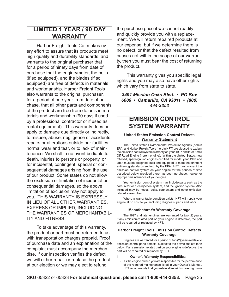 Limited 1 year / 90 day warranty, Emission control system warranty | Harbor Freight Tools Pacific Hydrostar 2" or 3" dirty water pump 65322 User Manual | Page 35 / 36