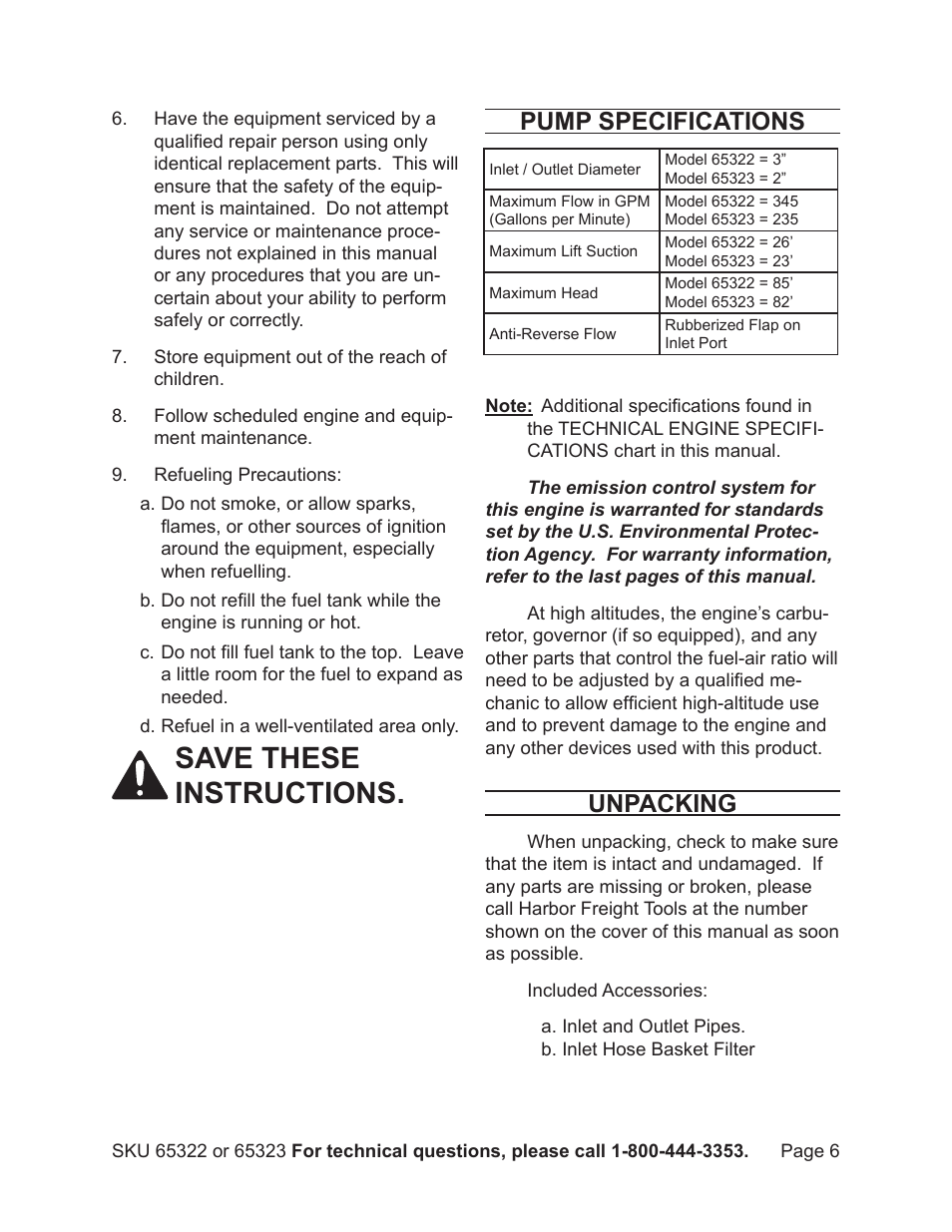 Save these instructions, Pump specifications, Unpacking | Harbor Freight Tools Pacific Hydrostar 2" or 3" dirty water pump 65322 User Manual | Page 6 / 36