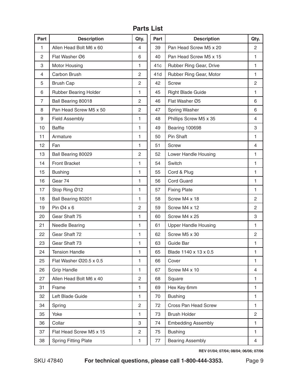 Parts list | Harbor Freight Tools 47840 User Manual | Page 9 / 11