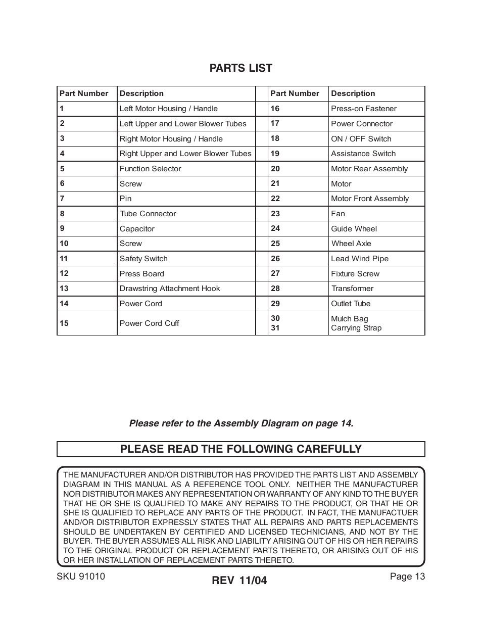 Parts list please read the following carefully, Rev 11/04, Please refer to the assembly diagram on page 14 | Harbor Freight Tools 91010 User Manual | Page 13 / 14