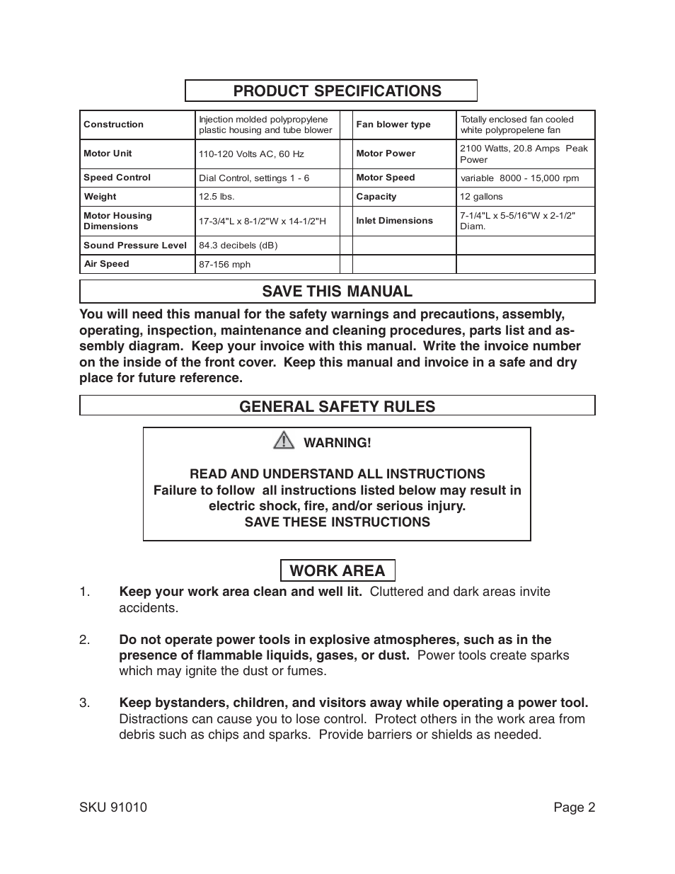 Product specifications save this manual, General safety rules, Work area | Harbor Freight Tools 91010 User Manual | Page 2 / 14