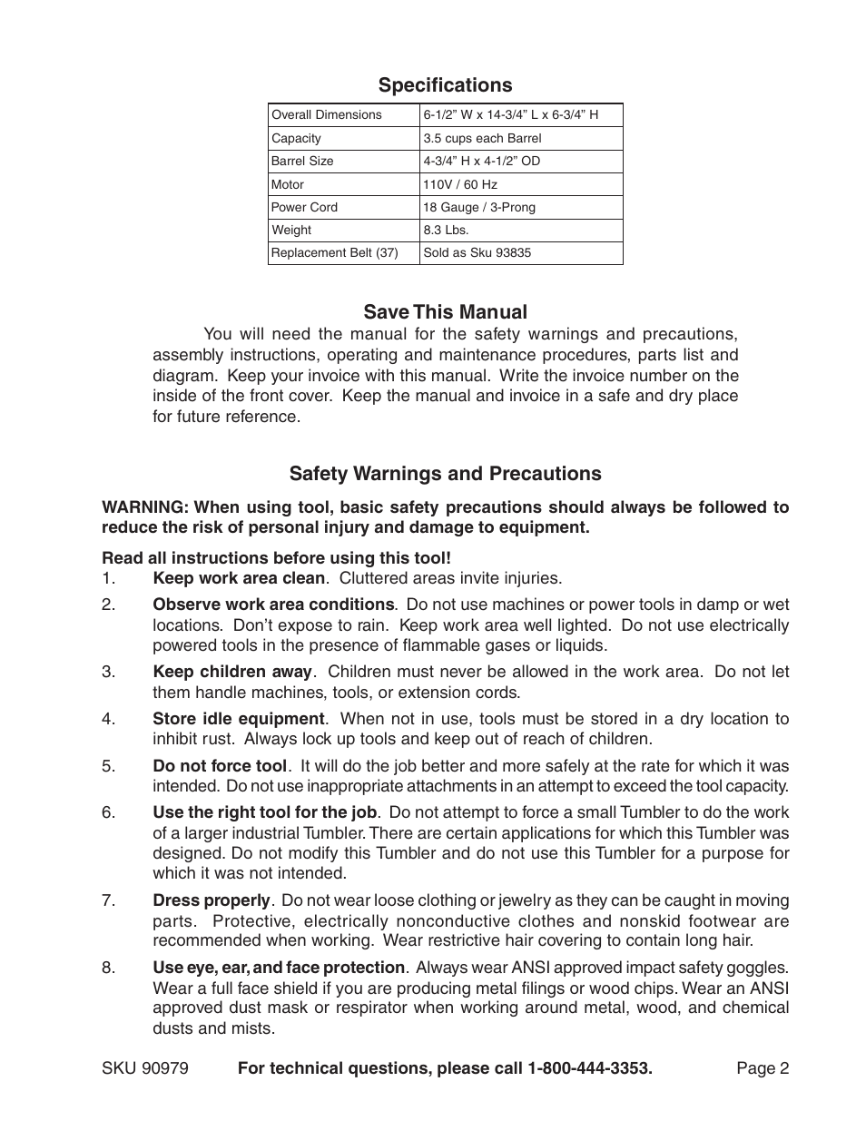 Save this manual, Safety warnings and precautions, Specifications | Harbor Freight Tools 90979 User Manual | Page 2 / 10