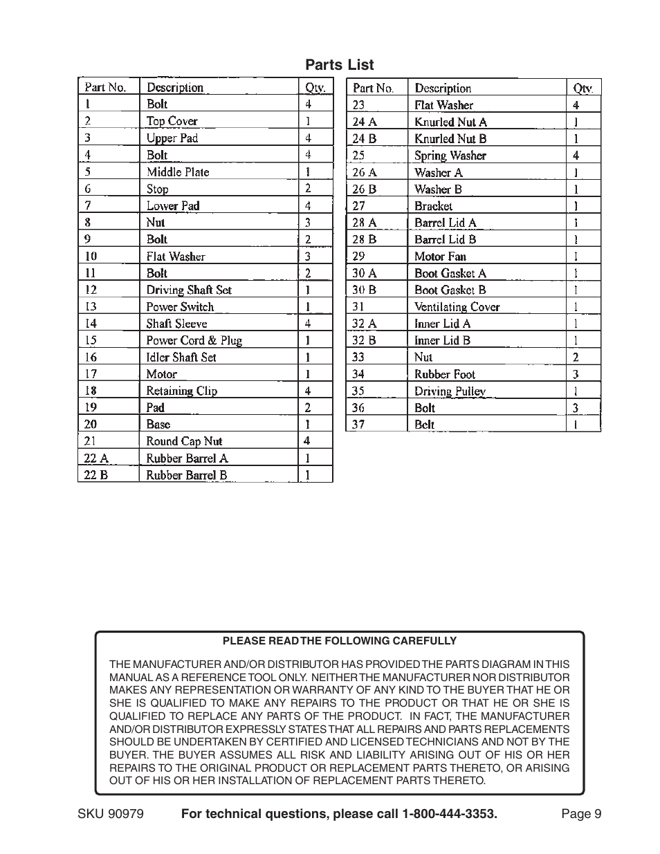 Parts list | Harbor Freight Tools 90979 User Manual | Page 9 / 10