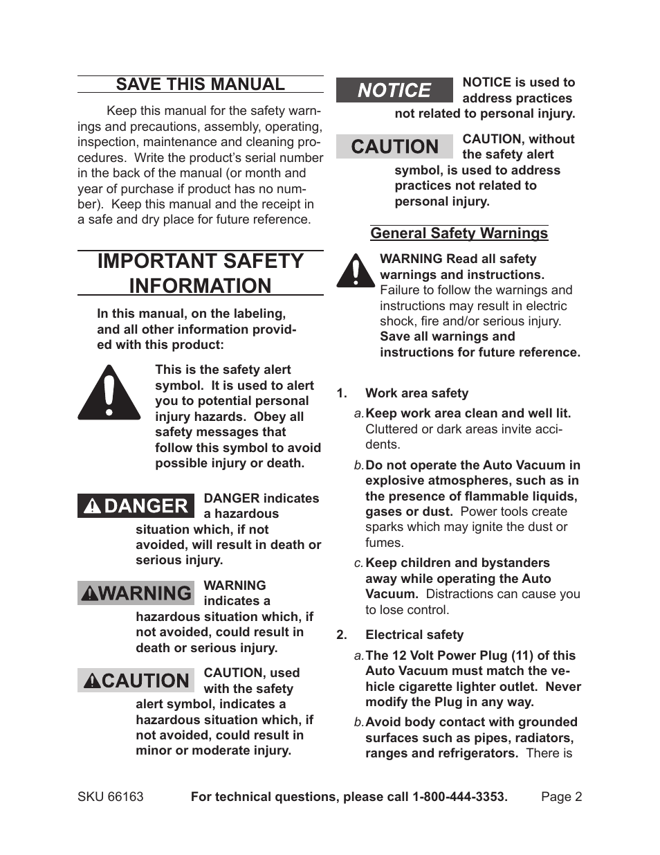 Important safety information, Save this manual | Harbor Freight Tools 66163 User Manual | Page 2 / 8