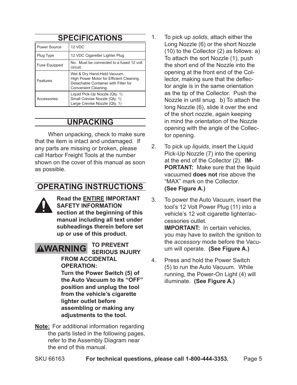 Specifications, Unpacking, Operating instructions | Harbor Freight Tools 66163 User Manual | Page 5 / 8