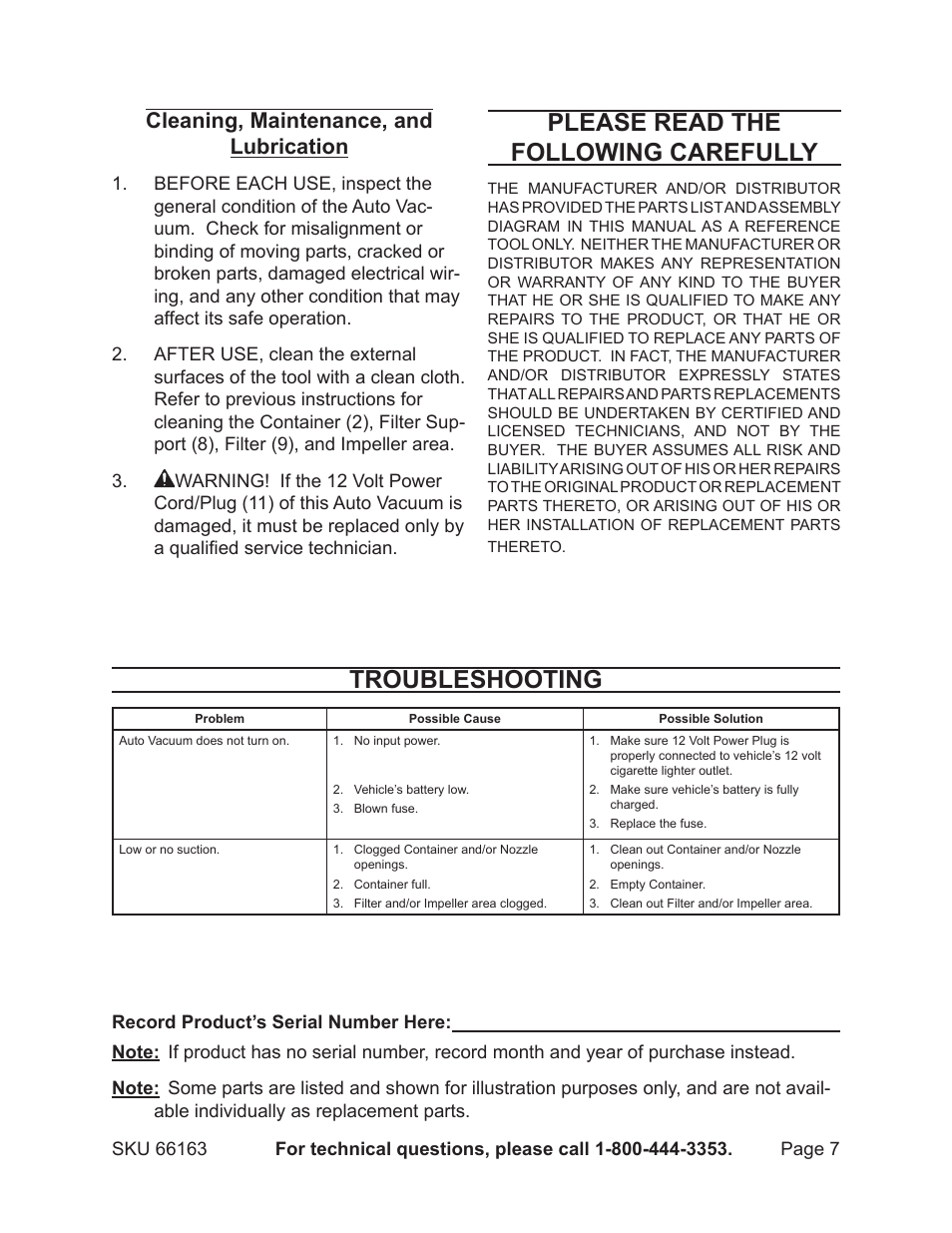 Please read the following carefully, Troubleshooting, Cleaning, maintenance, and lubrication | Harbor Freight Tools 66163 User Manual | Page 7 / 8