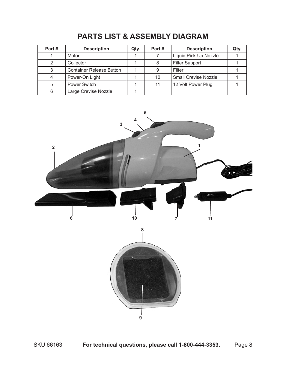 Parts list & assembly diagram | Harbor Freight Tools 66163 User Manual | Page 8 / 8