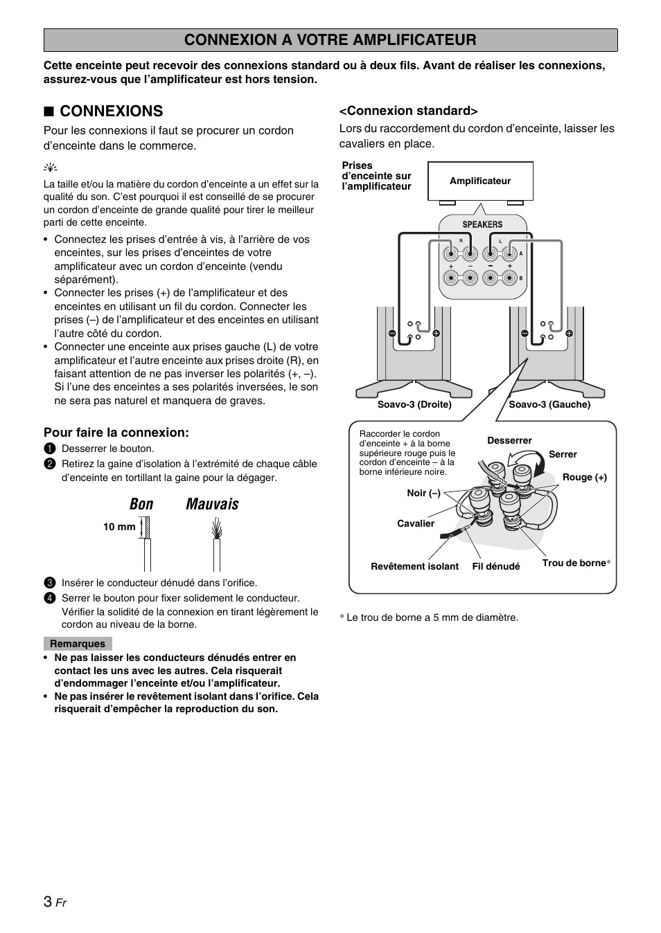 Connexion a votre amplificateur, Connexions, Bon mauvais | Yamaha Soavo-3 User Manual | Page 10 / 36