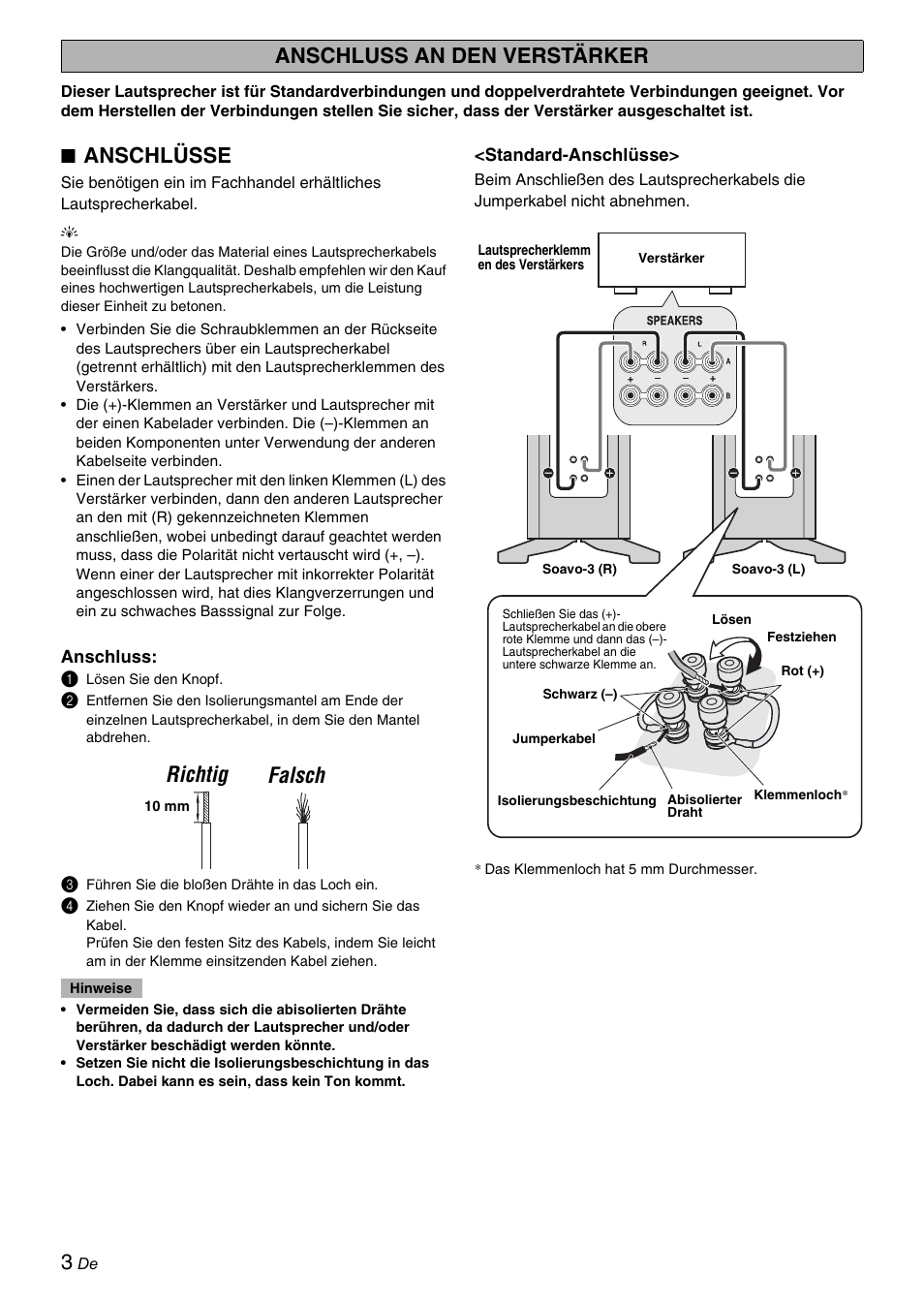 Anschluss an den verstärker, Anschlüsse, Richtig falsch | Yamaha Soavo-3 User Manual | Page 16 / 36