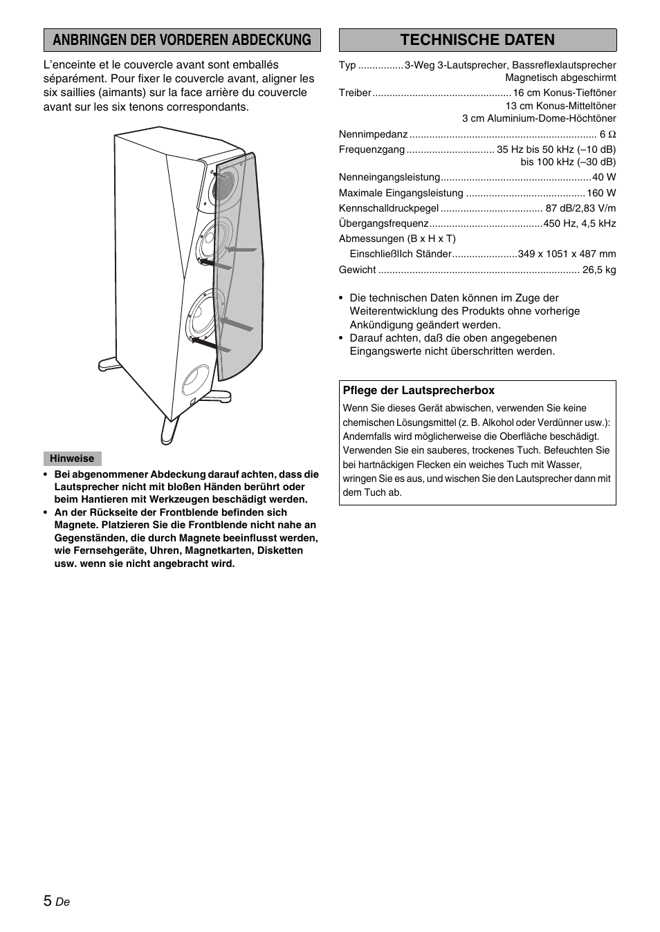 Anbringen der vorderen abdeckung, Technische daten | Yamaha Soavo-3 User Manual | Page 18 / 36
