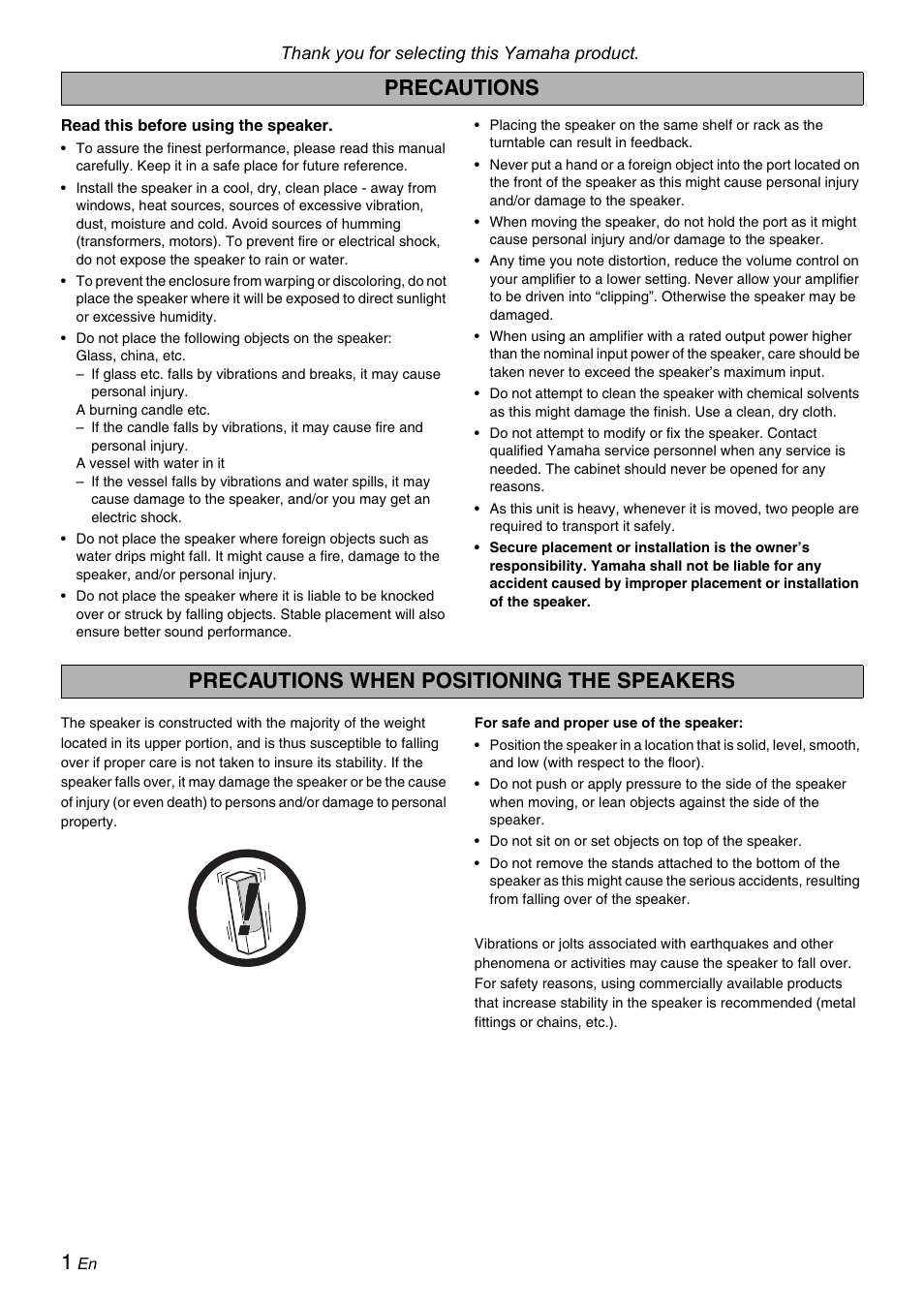 English, Precautions, Precautions when positioning the speakers | Yamaha Soavo-3 User Manual | Page 2 / 36