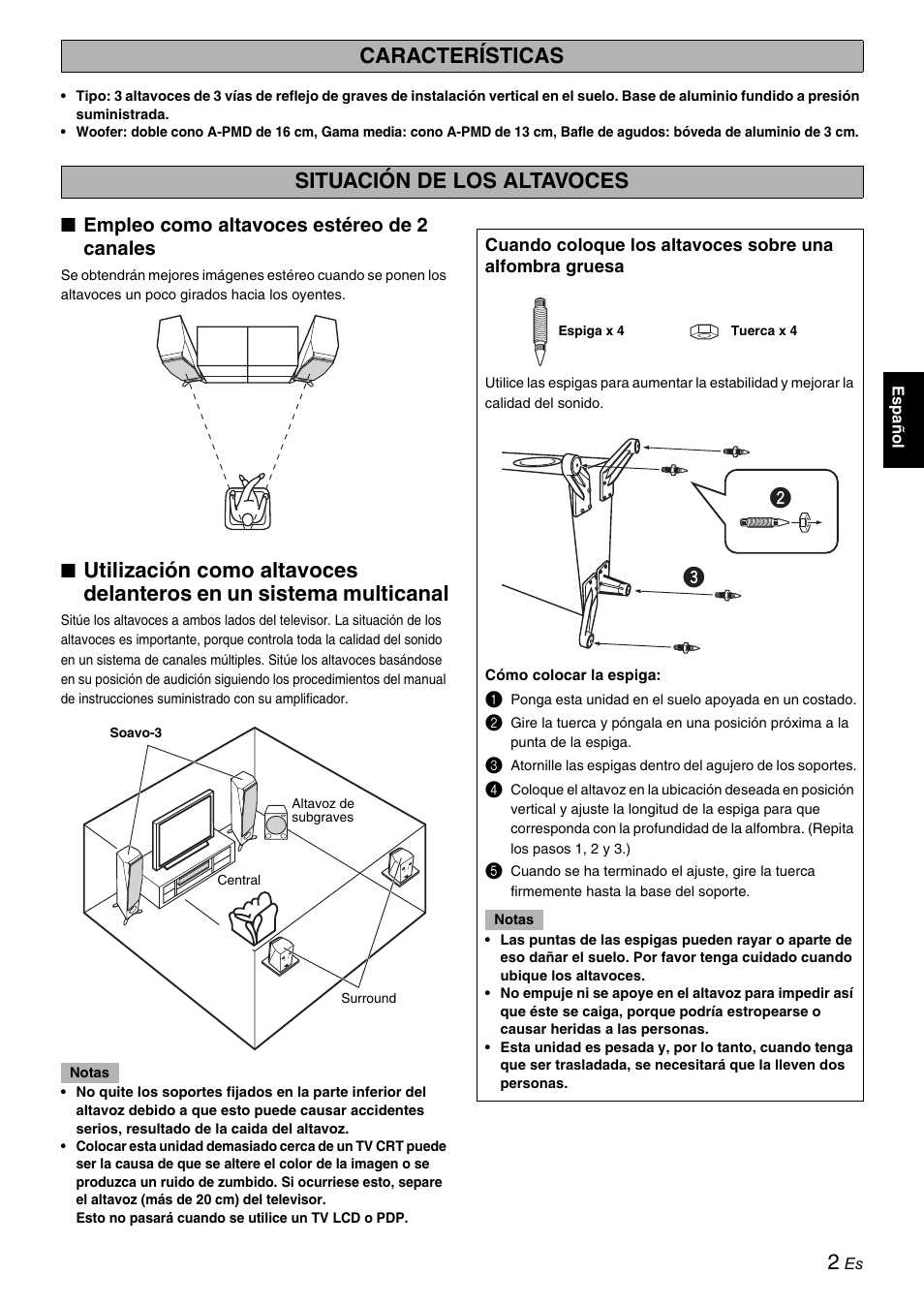 Características, Situación de los altavoces, Empleo como altavoces estéreo de 2 canales | Características situación de los altavoces | Yamaha Soavo-3 User Manual | Page 21 / 36