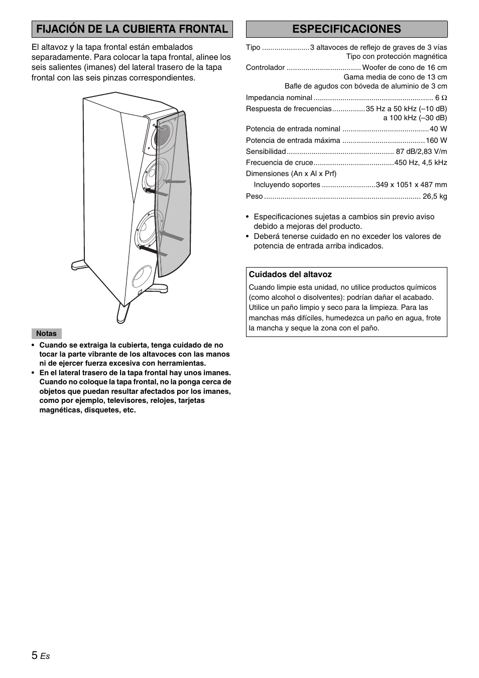 Fijación de la cubierta frontal, Especificaciones | Yamaha Soavo-3 User Manual | Page 24 / 36