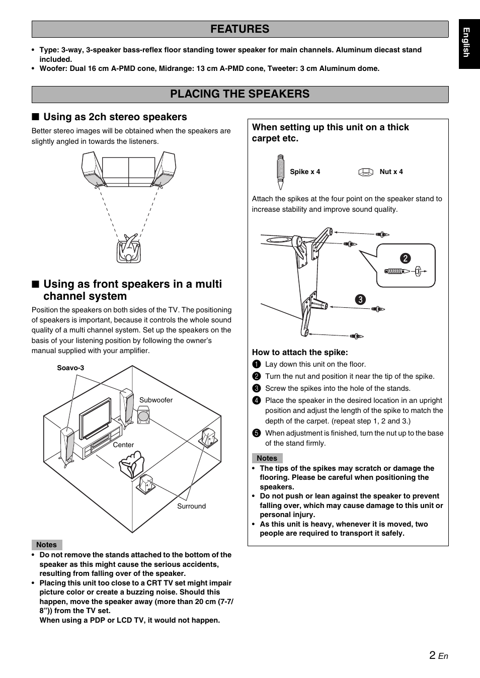 Features, Placing the speakers, Using as 2ch stereo speakers | Using as front speakers in a multi channel system, Features placing the speakers | Yamaha Soavo-3 User Manual | Page 3 / 36