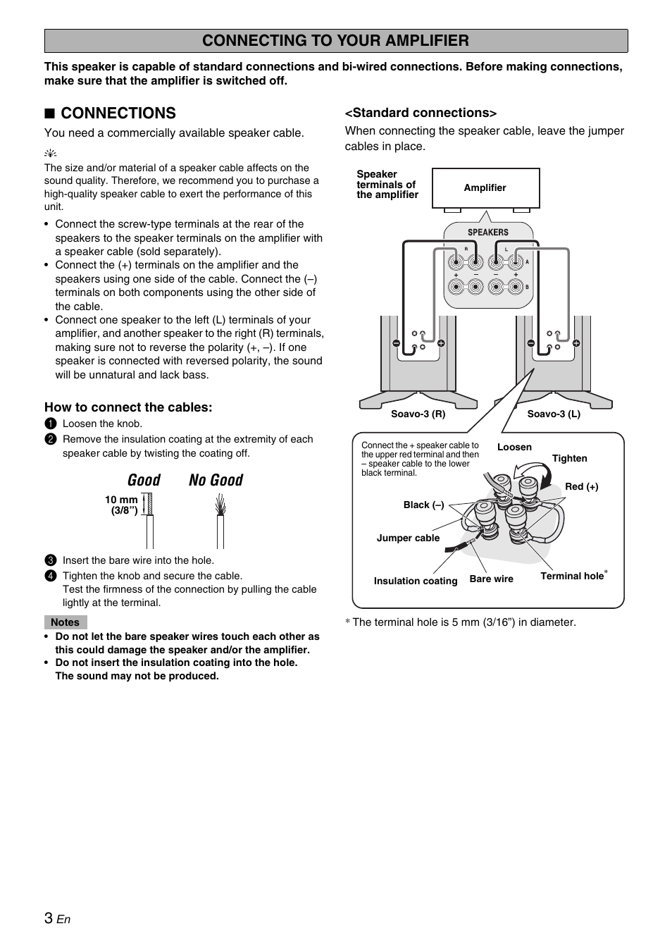 Connecting to your amplifier, Connections, Good no good | Yamaha Soavo-3 User Manual | Page 4 / 36