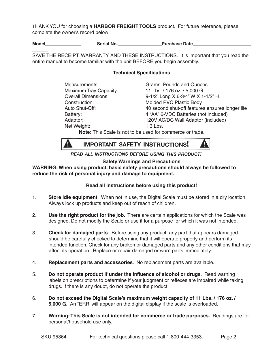 Harbor Freight Tools 95364 User Manual | Page 2 / 5