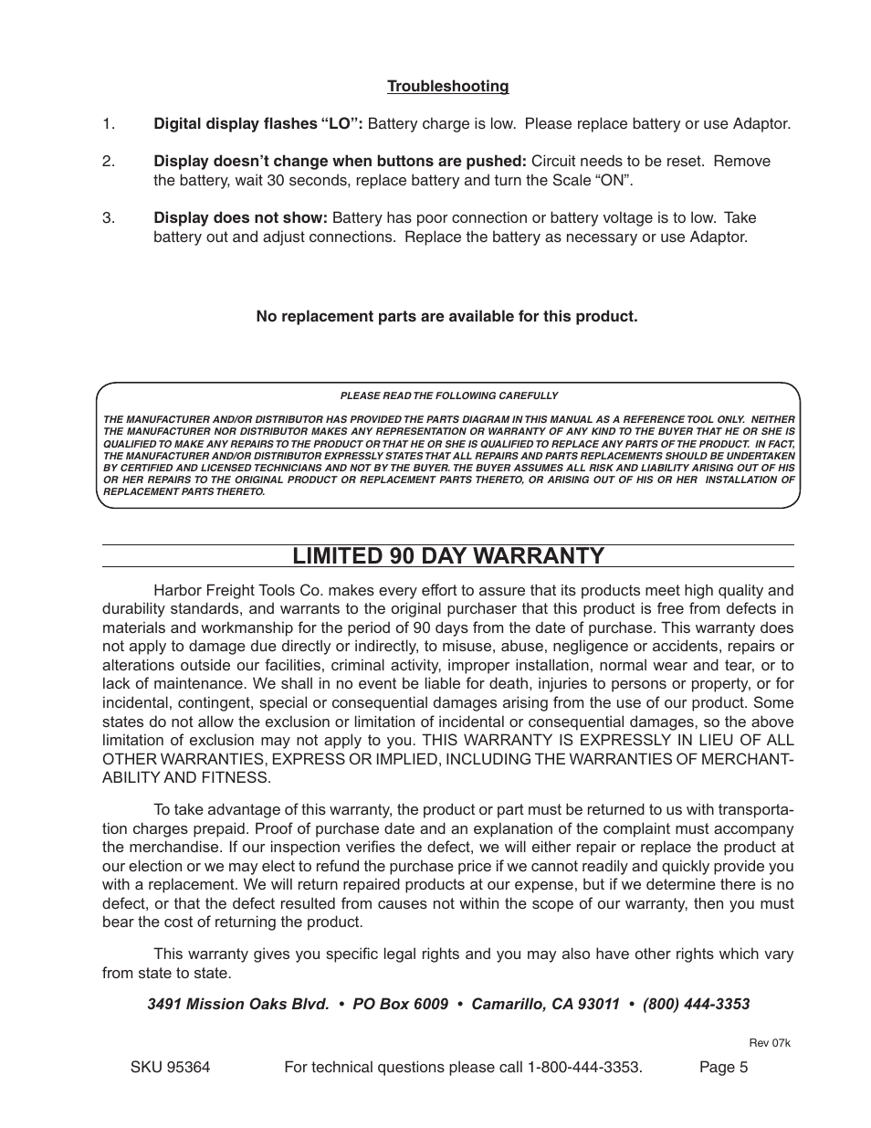 Limited 90 day warranty | Harbor Freight Tools 95364 User Manual | Page 5 / 5