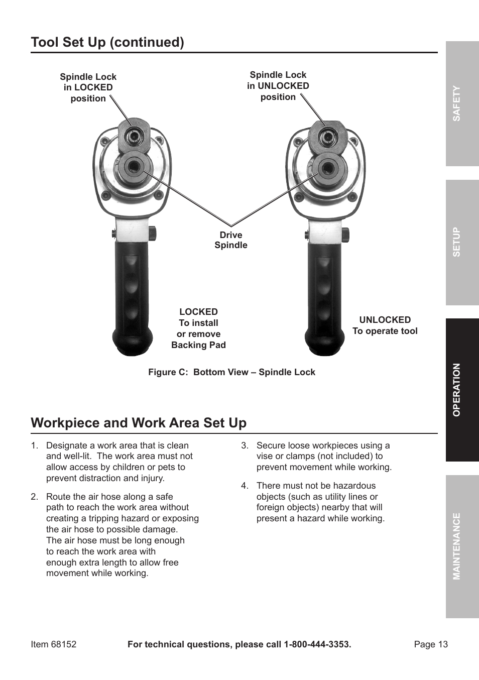 Tool set up (continued), Workpiece and work area set up | Harbor Freight Tools 6" Air Dual Action Sander 68152 User Manual | Page 13 / 20