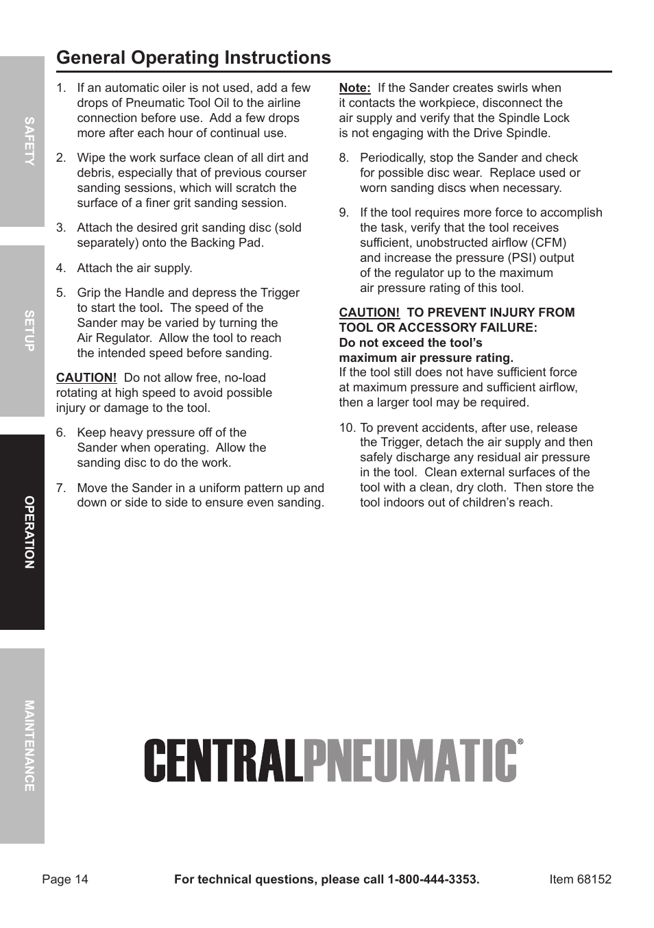 General operating instructions | Harbor Freight Tools 6" Air Dual Action Sander 68152 User Manual | Page 14 / 20