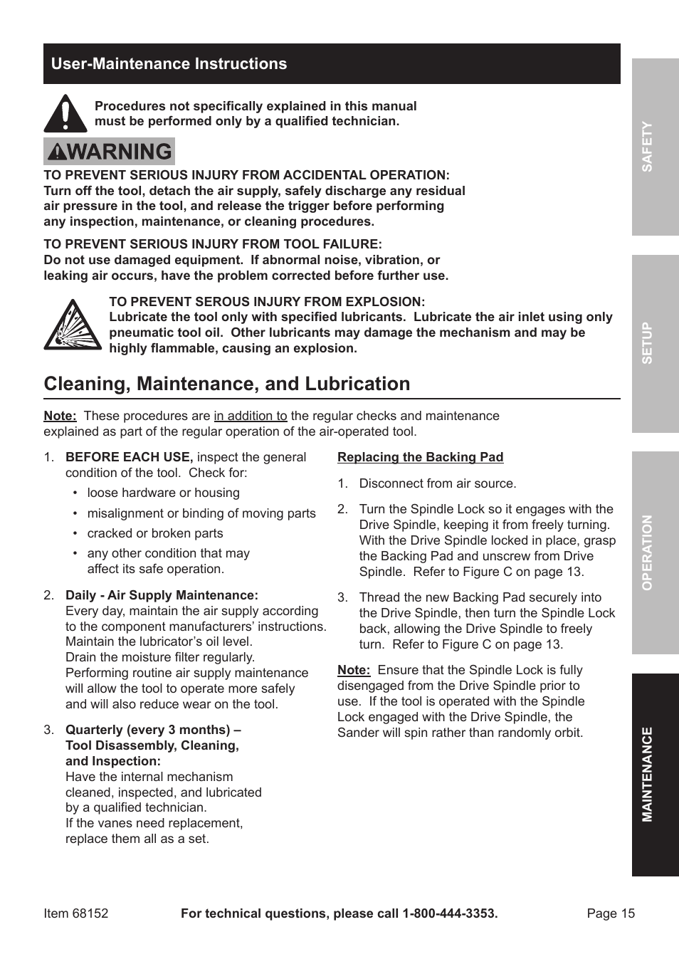 Cleaning, maintenance, and lubrication, User-maintenance instructions | Harbor Freight Tools 6" Air Dual Action Sander 68152 User Manual | Page 15 / 20