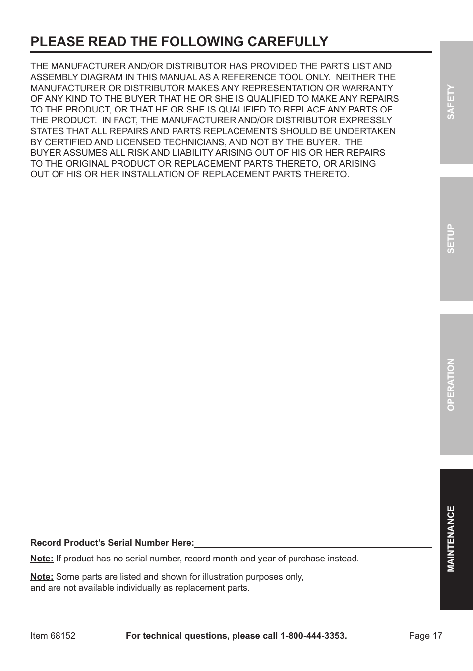 Please read the following carefully | Harbor Freight Tools 6" Air Dual Action Sander 68152 User Manual | Page 17 / 20