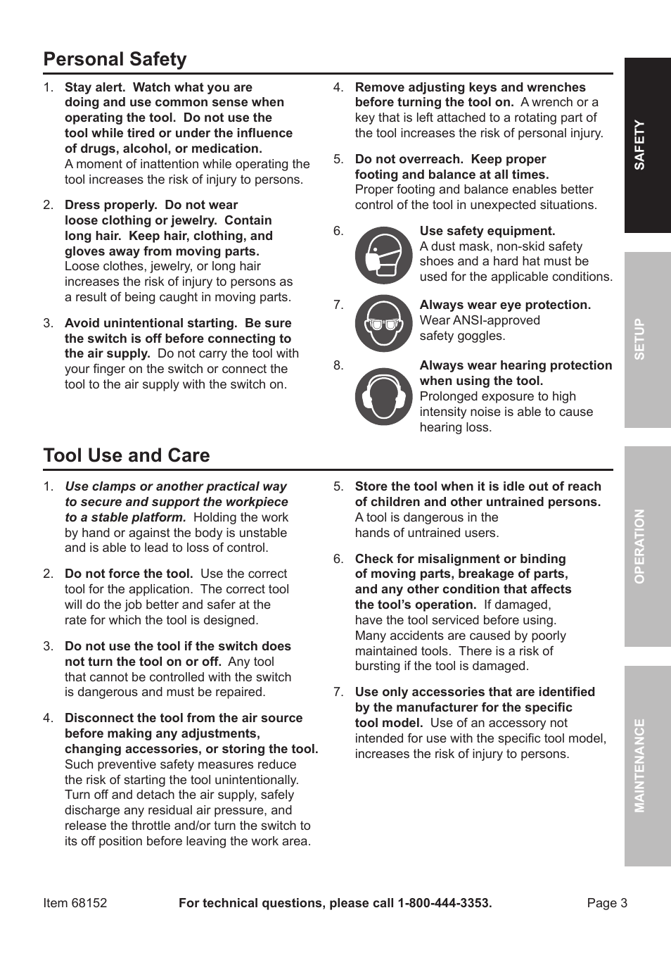 Personal safety, Tool use and care | Harbor Freight Tools 6" Air Dual Action Sander 68152 User Manual | Page 3 / 20