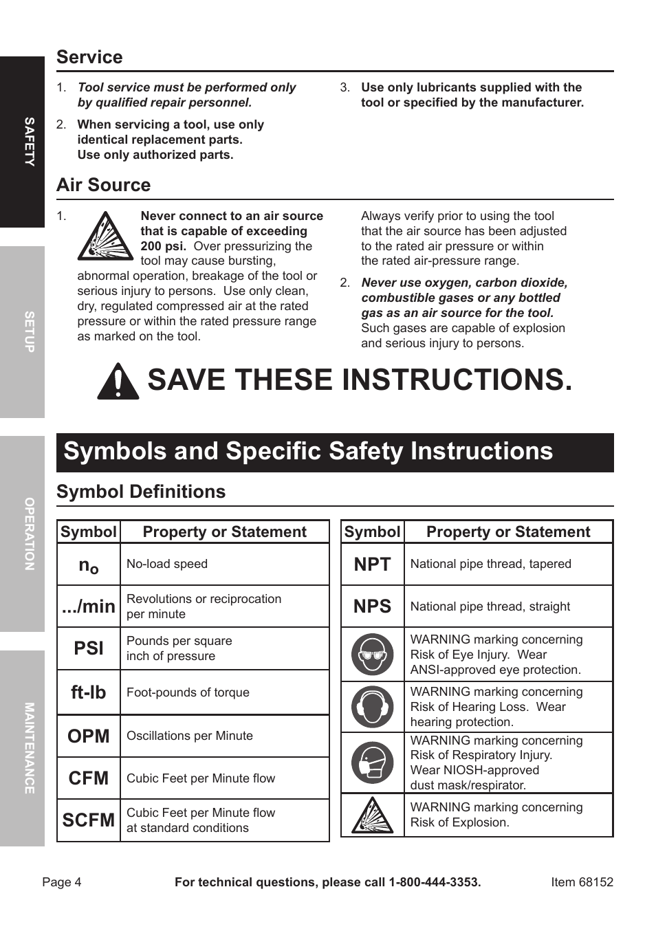 Save these instructions, Symbols and specific safety instructions, Service | Air source, Symbol definitions, Ft-lb, Scfm | Harbor Freight Tools 6" Air Dual Action Sander 68152 User Manual | Page 4 / 20