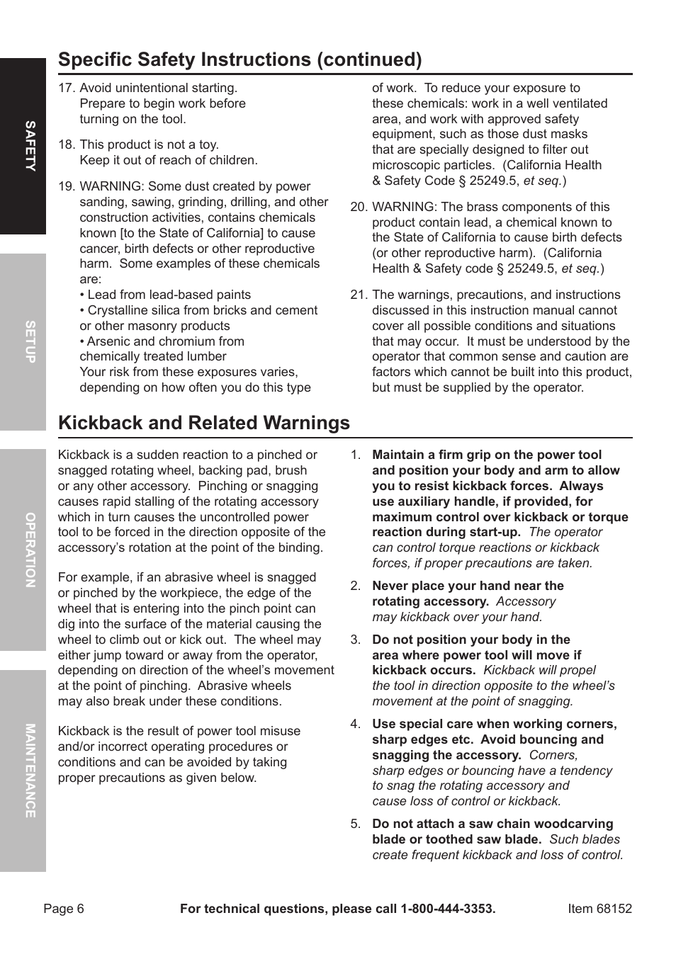 Kickback and related warnings, Specific safety instructions (continued) | Harbor Freight Tools 6" Air Dual Action Sander 68152 User Manual | Page 6 / 20