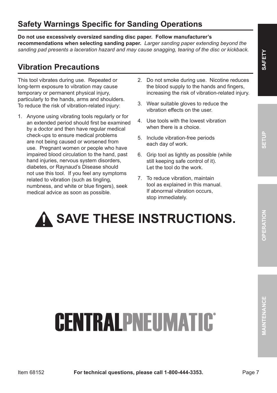 Save these instructions, Safety warnings specific for sanding operations, Vibration precautions | Harbor Freight Tools 6" Air Dual Action Sander 68152 User Manual | Page 7 / 20