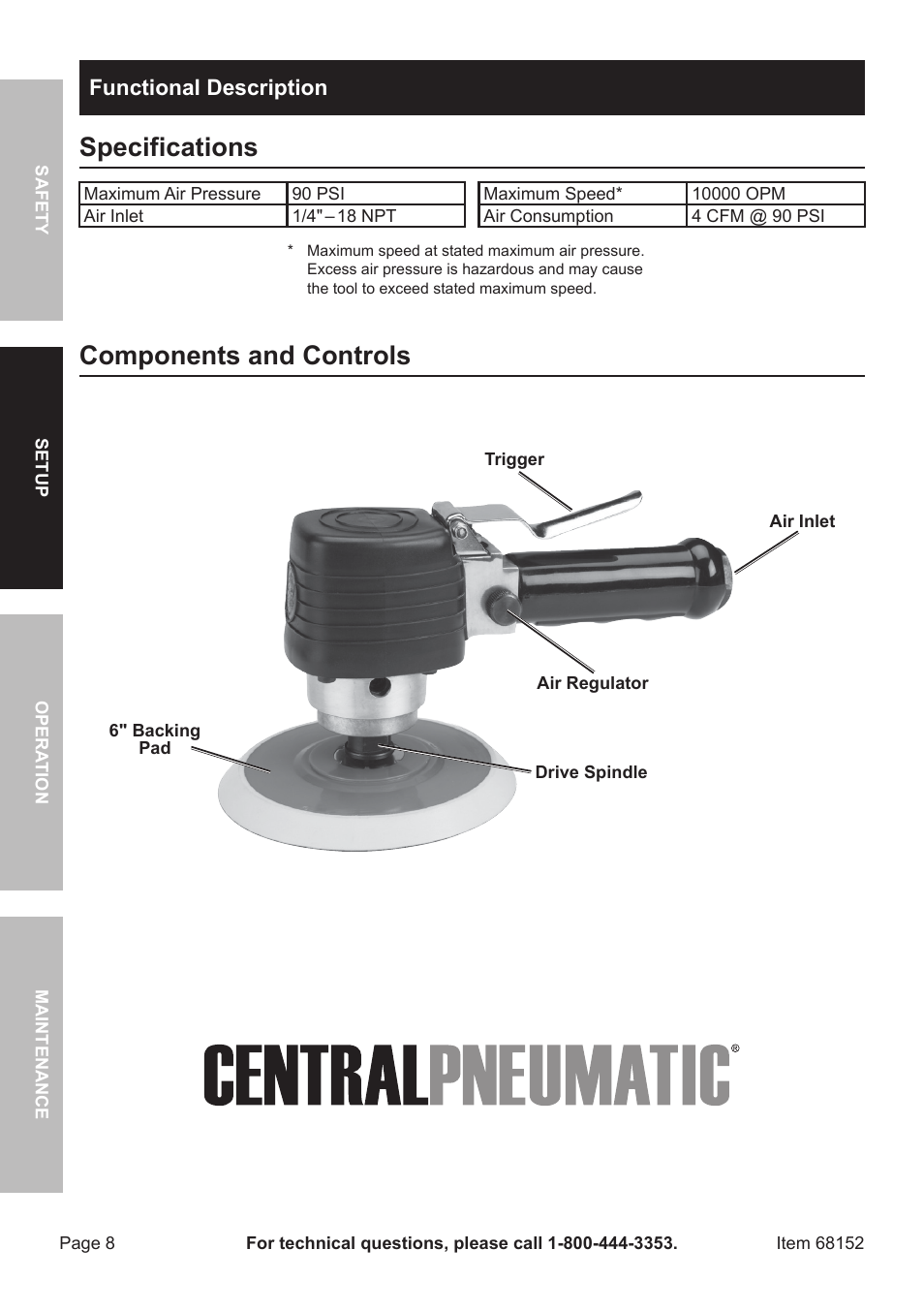 Specifications, Components and controls, Functional description | Harbor Freight Tools 6" Air Dual Action Sander 68152 User Manual | Page 8 / 20