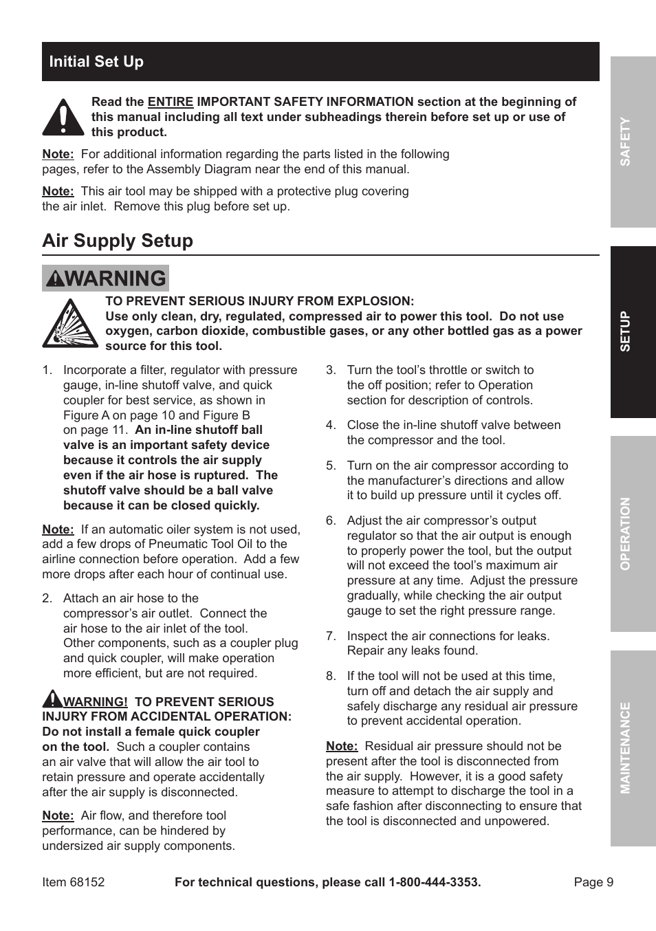 Air supply setup, Initial set up | Harbor Freight Tools 6" Air Dual Action Sander 68152 User Manual | Page 9 / 20