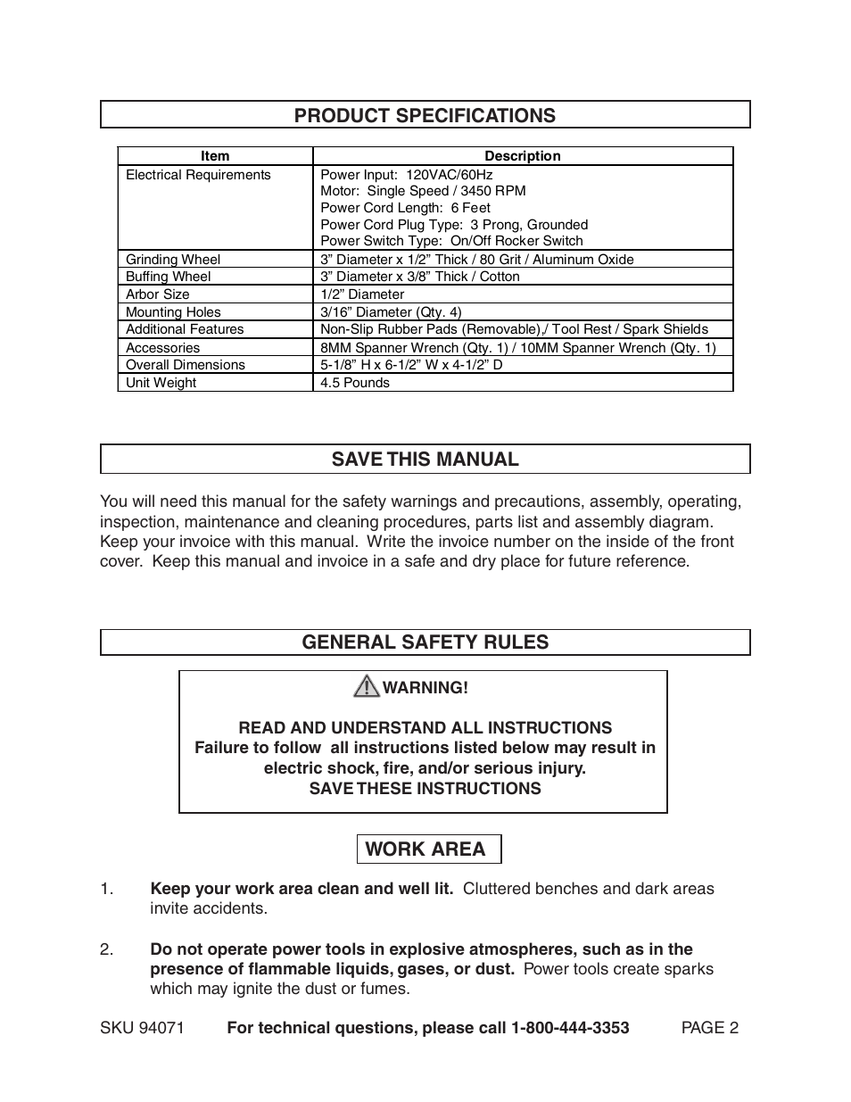 Product specifications save this manual, General safety rules, Work area | Harbor Freight Tools 94071 User Manual | Page 2 / 15