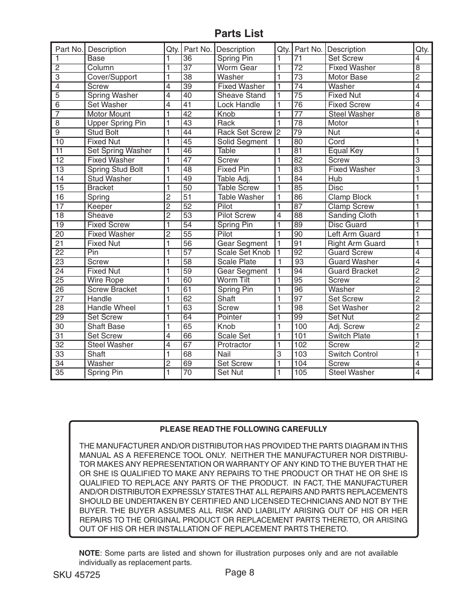 Parts list | Harbor Freight Tools 45725 User Manual | Page 8 / 9