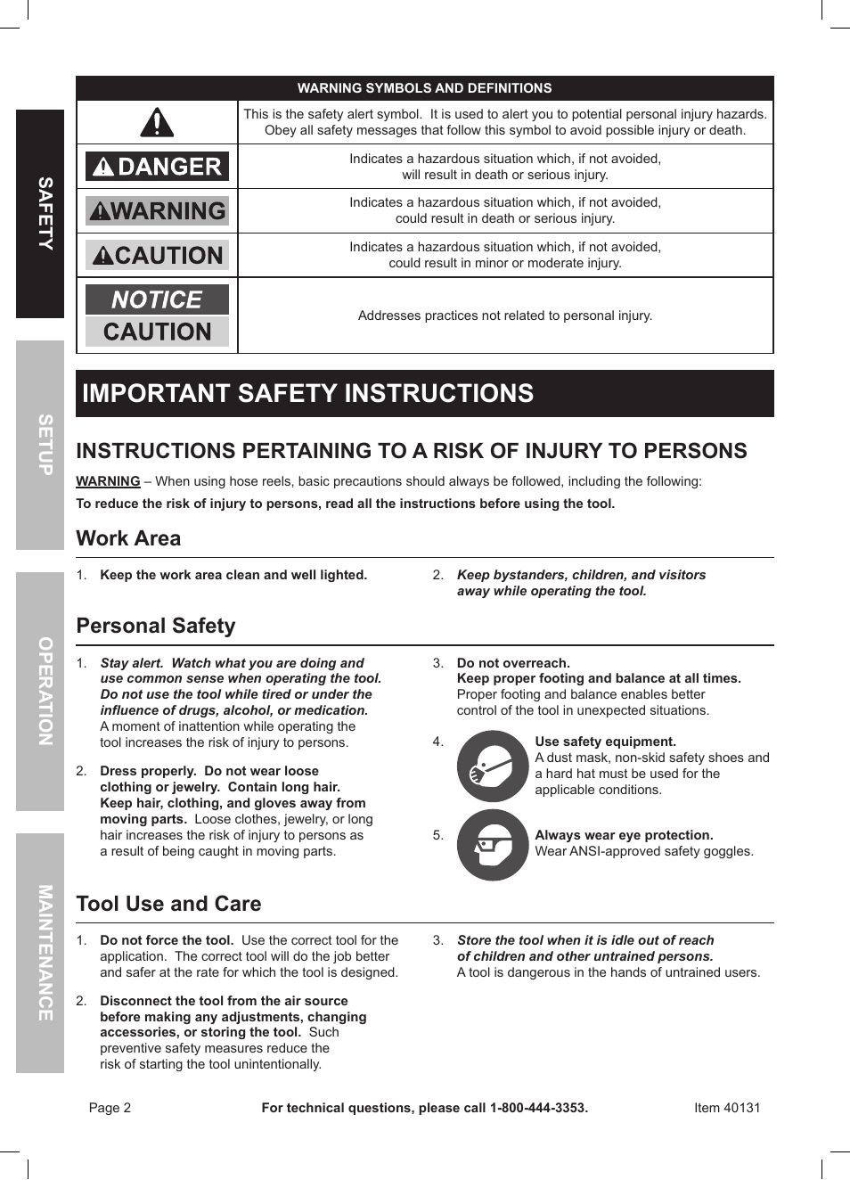 Important safety instructions, Work area, Personal safety | Tool use and care | Harbor Freight Tools CENTRAL PNEUMATIC 40131 User Manual | Page 2 / 8