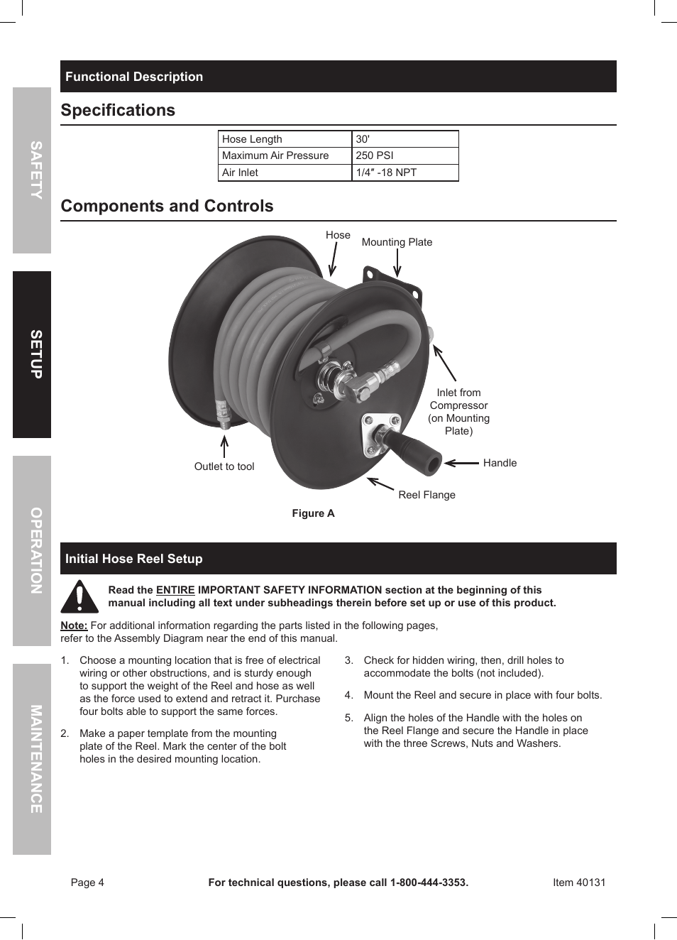 Specifications, Components and controls | Harbor Freight Tools CENTRAL PNEUMATIC 40131 User Manual | Page 4 / 8