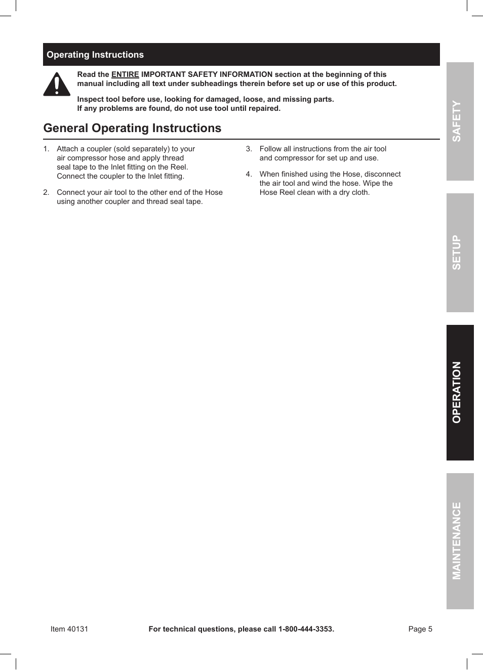 General operating instructions | Harbor Freight Tools CENTRAL PNEUMATIC 40131 User Manual | Page 5 / 8