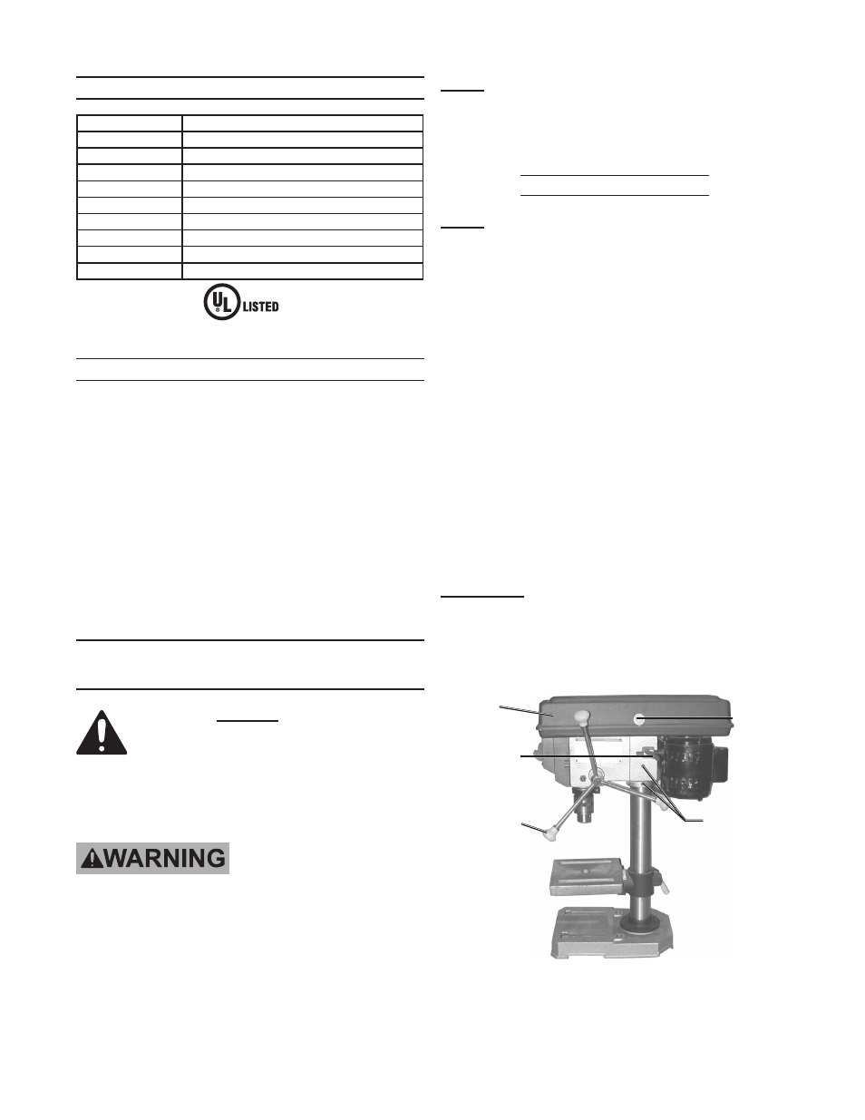 Specifications, Unpacking, Instructions for putting into use | Assembly/mounting | Harbor Freight Tools 8 Drill Press 44506 User Manual | Page 8 / 20