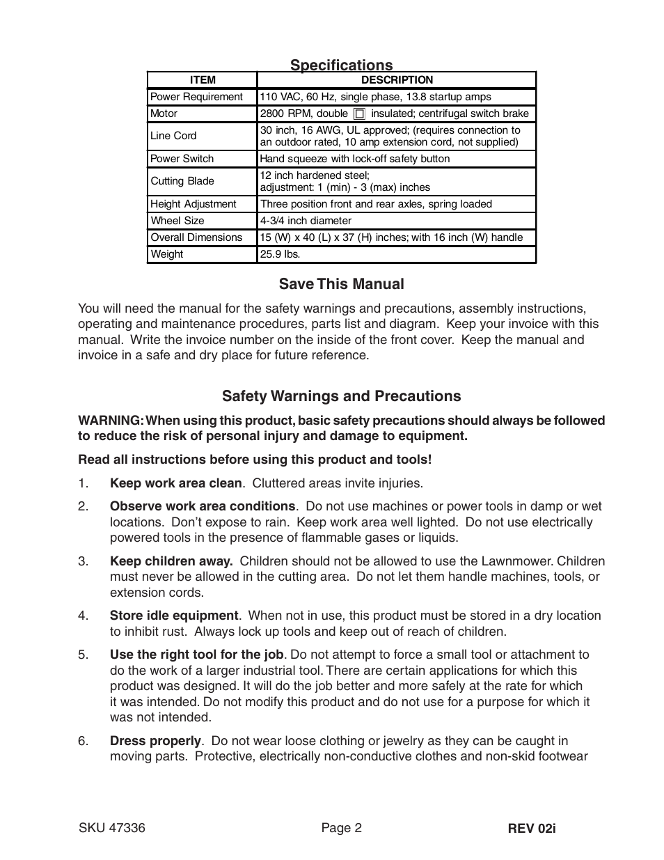 Specifications, Save this manual, Safety warnings and precautions | Harbor Freight Tools 47336 User Manual | Page 2 / 10