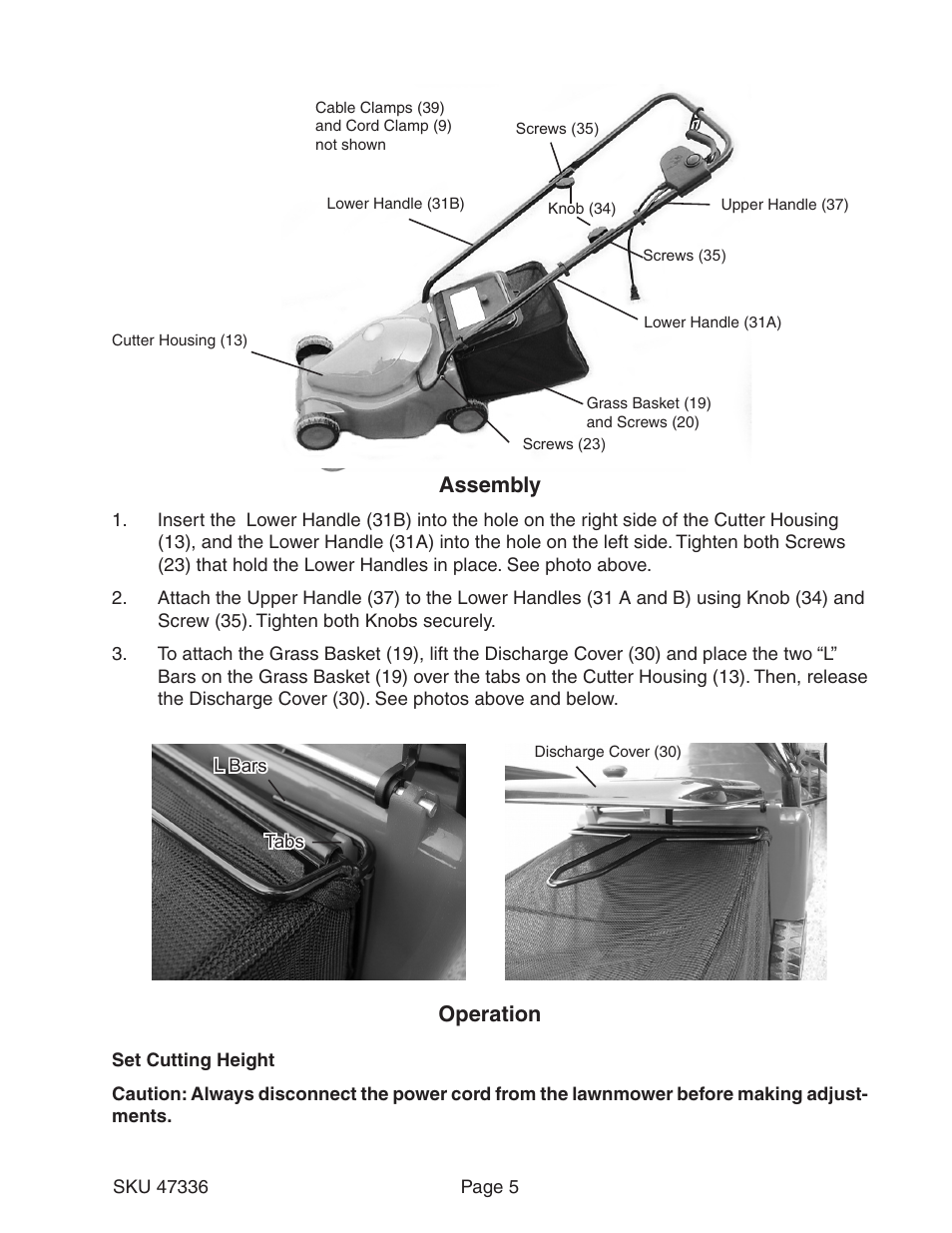 Assembly, Operation | Harbor Freight Tools 47336 User Manual | Page 5 / 10