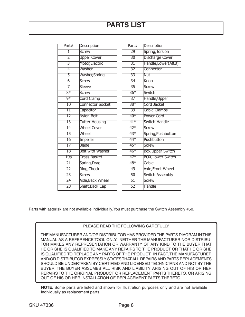 Parts list | Harbor Freight Tools 47336 User Manual | Page 8 / 10