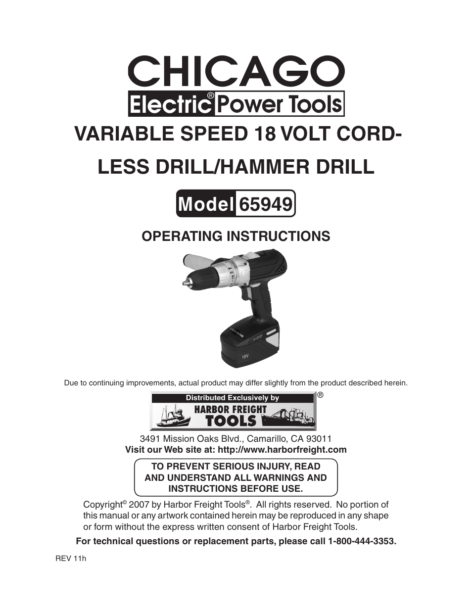 Harbor Freight Tools VARIABLE SPEED 18 VOLT CORD- LESS DRILL/HAMMER DRILL 65949 User Manual | 15 pages