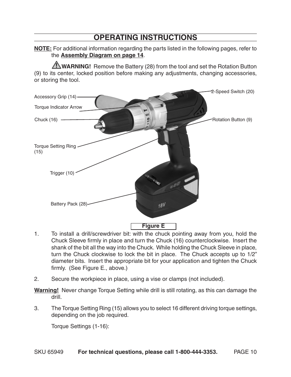 Operating instructions | Harbor Freight Tools VARIABLE SPEED 18 VOLT CORD- LESS DRILL/HAMMER DRILL 65949 User Manual | Page 10 / 15