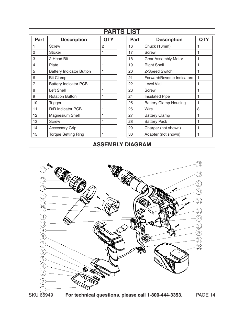 Parts list, Assembly diagram | Harbor Freight Tools VARIABLE SPEED 18 VOLT CORD- LESS DRILL/HAMMER DRILL 65949 User Manual | Page 14 / 15